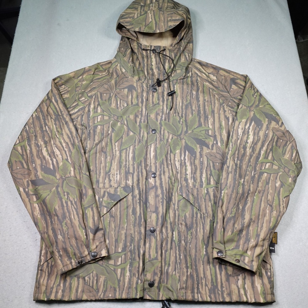 VTG 10X Goretex Jacket Mens Large 42-44 Hooded Rainwear Real Tree Hardwoods Camo